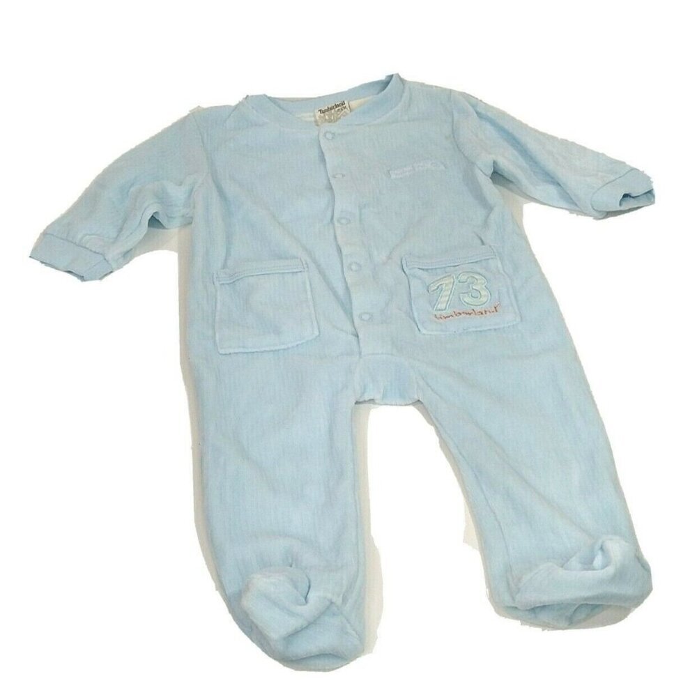 Timberland Velour One Piece Footed Pajamas Boys Size 3-6 Month Blue Snap Up